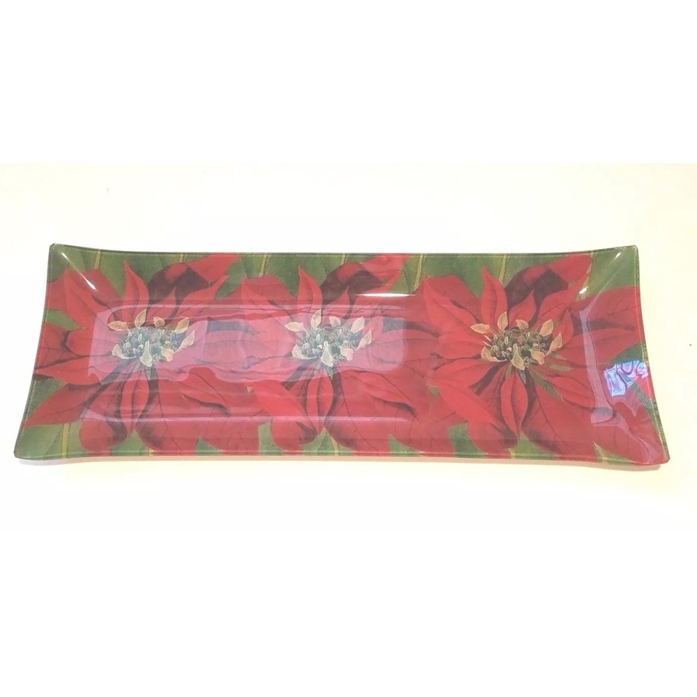 ANNIE MODICA Poinsietta Christmas Glass Platter Serving  Snack Tray